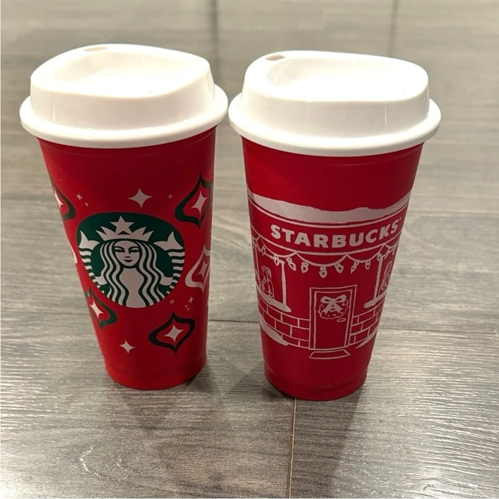 Set of 2 New Starbucks Reusable Red Holiday Christmas Plastic Cups w/ Lids